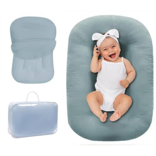 Baby Lounger 0-18 Months, Baby Lounger for Newborn, Soft Organic Cotton Breathable Lounger for Infants (Greyblue Baby Lounger)