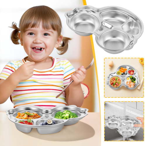 EGYMEN Stainless Steel Divided Plates, Kids Compartment Meal Tray with Sections, Fun Car-Shaped Non-Toxic Dinner Dishes for Babies, Toddlers & Kids, Safe & Portable Eating Set