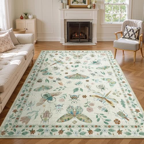 Lahome Insect Print Washable Area Rugs 5x7, Soft Rugs for Living Room Ultra-Thin Non-Shedding Modern Bedroom Rug, Stain Resistant Throw Rug Large Carpet for Dining Room Kids Nursery(5'x7',Beige)