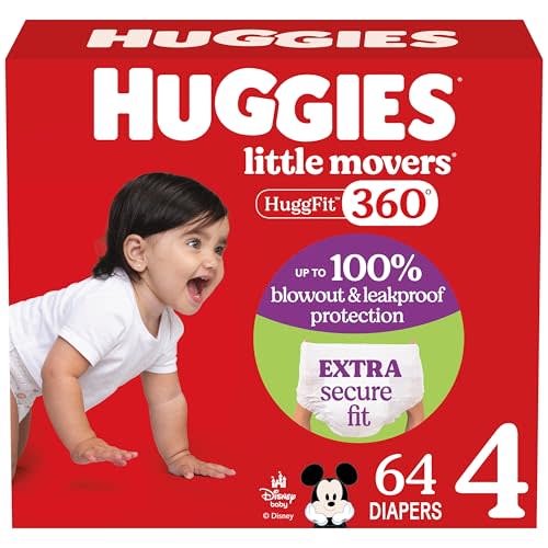 Huggies Size 4 Baby Diapers, Little Movers HuggFit 360° Baby Diapers with 360° Waistband, Size 4 (22-37 lbs), 64 Count, Packaging May Vary