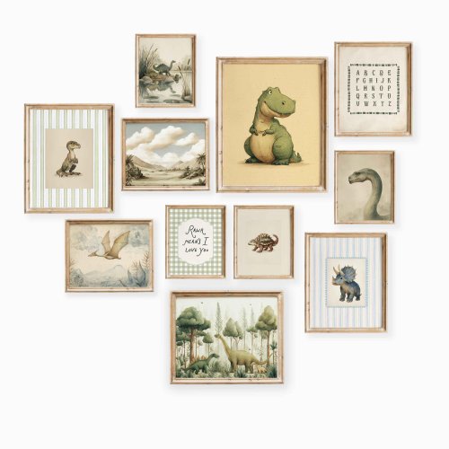 Dinosaur Nursery Wall Art Set: Vintage Dino Prints (Boy Room Gallery Decor)