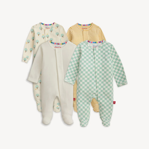 Magnetic 4-Pack Footie – Magnetic Me Color: Cypress / Sprout Check / Yellow / Creme (3-6mos)