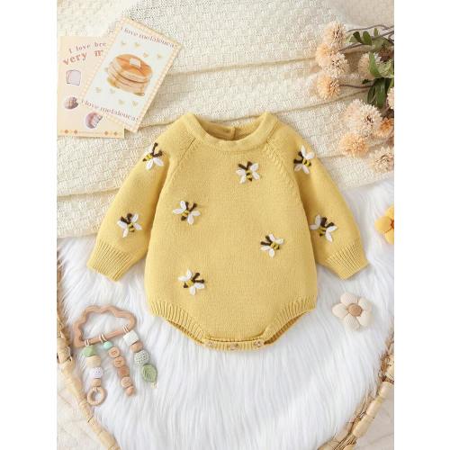 SHEIN Baby Girls Bee Embroidered Knit Sweater Bodysuit, Comfortable Long Sleeve Suitable For Autumn/Winter, Yellow/Light Yellow, Versatile For Daily Wear, Cute And Elegant Design Bee Embroidered Romper Baby Knit Clothes Baby Sweater Romper Bee Baby Outfit