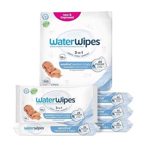 WaterWipes Sensitive+ Newborn & Baby Wipes, 3-In-1 Cleans, Cares, Protects, 99.9% Water, Unscented & Hypoallergenic, 300 Count (5 Packs)