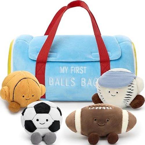 MaoGoLan 12.6inch My First Sports Bag, 5Pcs Soft Plush Baby Sports Toys Set with Storage Bag- Plush Basketball, Baseball, Football and Soccer Ball Toys, Ideal Baby Shower Birthday Gift for Boys Girls