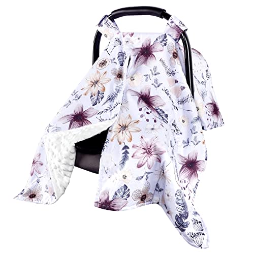 Baby Car Seat Cover, Peekaboo Opening Spring Car Seat Canopy for Baby Girls Boys, Mom Nursing Breastfeeding Covers, Blanket for Infant, Purple Watercolor Flower