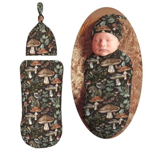 Muishi Mushroom Leaves Newborn Swaddle Blankets Hat Sets Soft Baby Receiving Blanket Swaddle Sack for Baby Shower Infant Boy Girl Gift