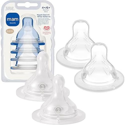 MAM Baby Bottle Nipple Mixed Flow Pack, Fast Slow Size 3 & Extra Fast Flow Size 4, Newborns 4+ Months, Skin Soft BPA Free Silicone, 94% Nipple Acceptance, Fits All MAM Bottles, 4 Pack, Made in Europe