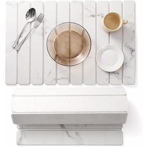 Stone Dish Drying Mats For Kitchen Counter, , Large 24x16 Inch Diatomaceous Earth Drying Mat / Fast-Absorbing, Foldable & Non-Slip Stone Kitchen Sink Mat / Eco-Friendly for Dishes (White Marble)