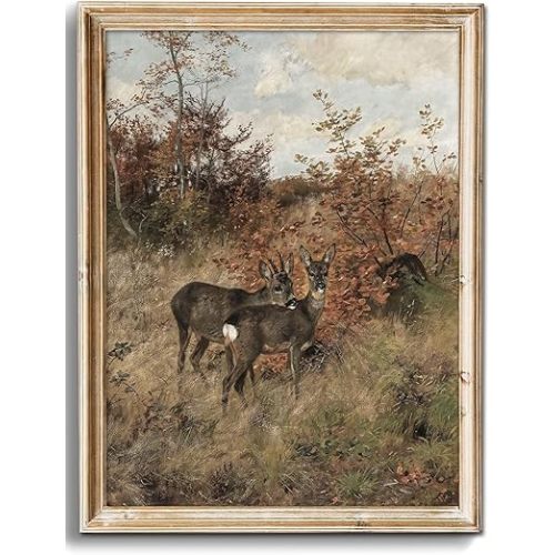 Uniro Vintage Fall Wall Art for Bedroom Decor, Rustic Farmhouse Wall Decor Autumn Deer Countryside Wall Painting Canvas Prints Landscape Oil Painting Fall Wall Decor Vintage Art Pictures for Bedroom Bathroom Kitchen Decor( 8" x 10"-UNFRAMED)