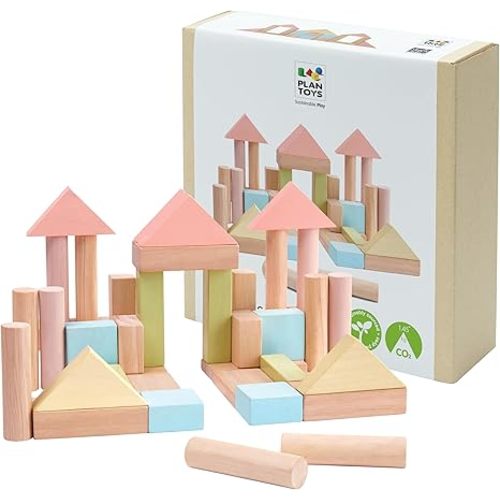 PlanToys 40 Piece Unit Block Building and Construction Block Set (5507) | Pastel Color Collection |Sustainably Made from Rubberwood and Non-Toxic Paints and Dyes