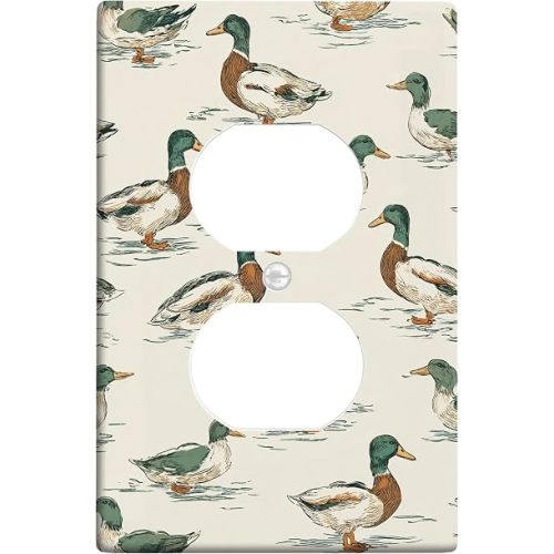 Duck Pattern Light Switch Cover Plates/Outlet Covers, Earthy Green and Beige for Home Decor, Thermoplastic Wall Plates, Standard Size Single Duplex Outlet