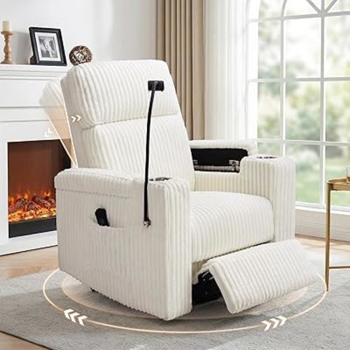 ABCASA Power Recliner Rocking Chair Nursery Glider, Swivel Reclining Nursery Rockers for Baby Room & Living Room, Corduroy Chair with Phone Holder, USB/Type-C Ports, Arm Storage, White