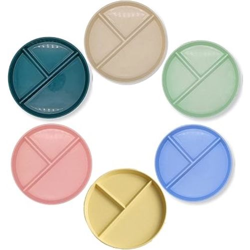 Unbreakable 9 Inch Wheat Plastic Round Gird Plates Set, Divided Plates for Adults, Kids Plates, Microwave and Dishwasher Safe,BAP-Free, Set of 6 (Multicolor)