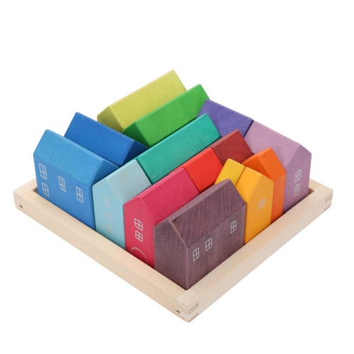 15-Piece Stained Little Village Wooden House Building Blocks Se
