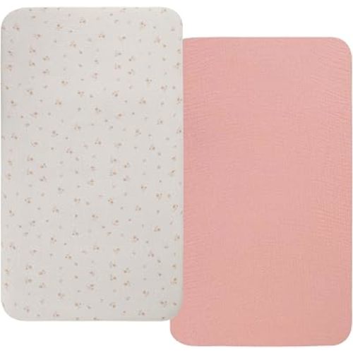 Onacosht Muslin Bassinet Sheets 2 Pack, 35"x20", Floral and Pink