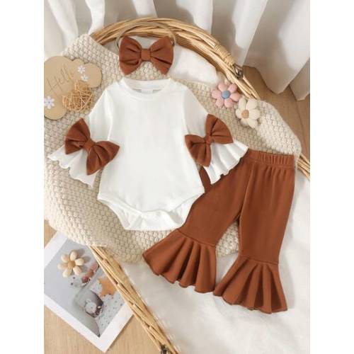 2pcs Newborn Baby Girl Spring/Autumn Set, Bow Tie Flare Sleeve Romper And Long Pants With Headband, Vintage Soft And Fluffy | SHEIN USA