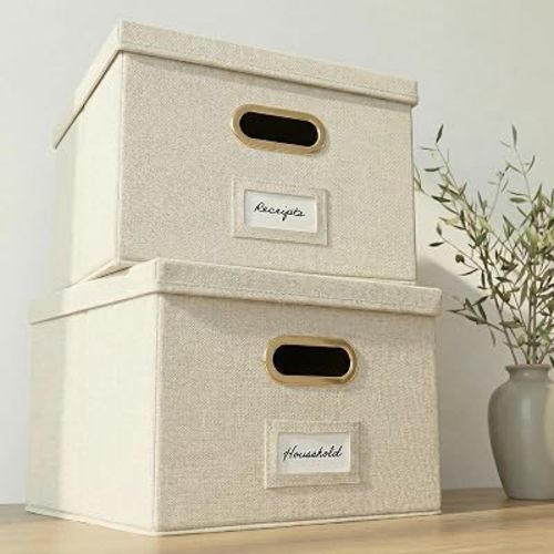Decorative File Organizer Box Set of 2 - Collapsible Linen Filing Cabinets