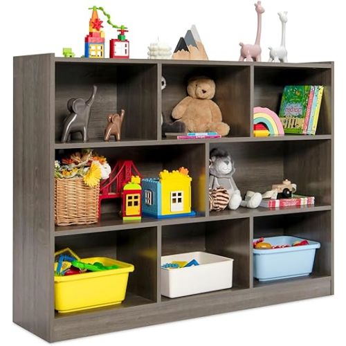 HONEY JOY Kids Storage Organizer, 8-Section Open Wooden Display Shelf for Classroom, Playroom, Nursery, Kindergarten, Dark Gray