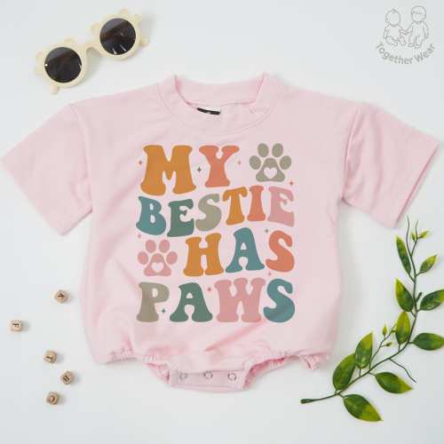 My Bestie Has Paws Baby Romper, Pet Lover Baby Bodysuit, Retro Pet Bestie Toddler, Natural Dog Bestie Gift, Baby Shower Gift