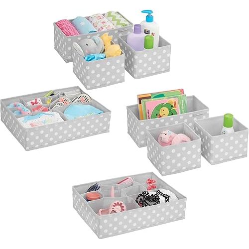mDesign Fabric Drawer Organizer Bins, Kids/Baby Nursery Dresser, Closet, Shelf, Playroom Organization, Hold Clothes, Toys, Diapers, Bibs, Blankets, Set of 4, 2 Pack, Gray/White Polka Dot