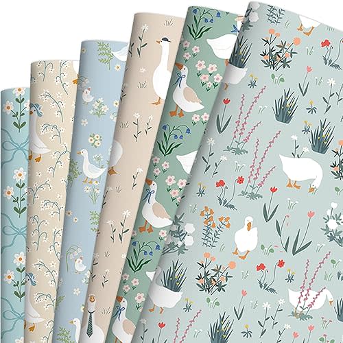 EoBeCy 12 Sheets Goose Wrapping Paper, Farm Goose and Flower Gift Wrap Paper for Baby Shower Birthday Wedding Easter Spring Holidays, 19.7 Inch X 27.5 Inch, Folded Flat