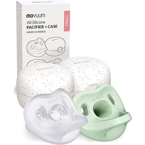 Moyuum Silicone Macaron Pacifier | Made in Korea, BPA Free One-Piece Design Baby Soother, Soft Orthodontic Shape with Air Holes, 2 Pack with Travel Case, Babies 6+ Months (Sage + Natural, Stage 3)