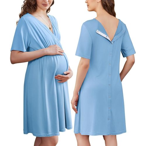 Ekouaer Labor and Delivery Gown for Hospital Short Sleeve Maternity Nursing Dress Nightgown with Button S-XXL