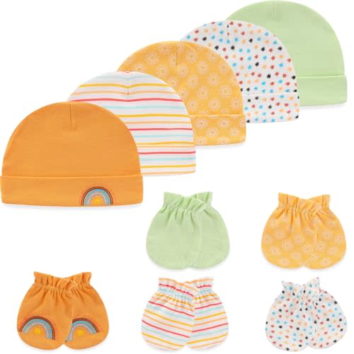 MAMIMAKA Baby Hat and Mittens Set Newborn Baby Hats Caps for Baby Boys Girls 0-6 Months 100% Cotton