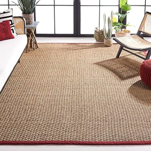 SAFAVIEH Area Rug 8x10 - Natural Fiber Collection - Large - Natural & Red, Seagrass, Basketweave Pattern, Ideal for Living Room, Bedroom, Dining Space (NF114D)