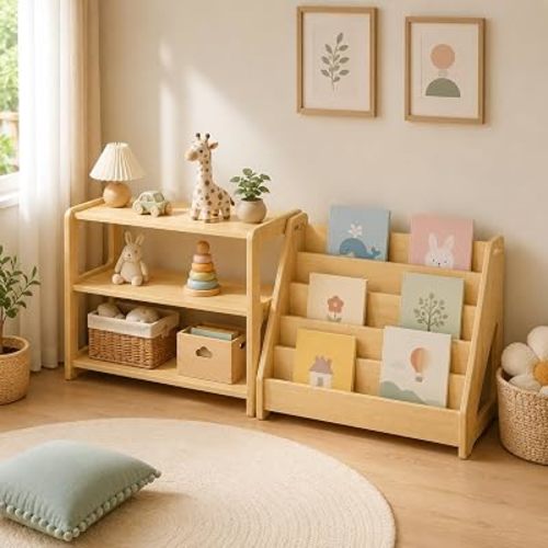2 Piece Wooden Montessori Shelf Set Kids Bookshelf and Toy Organizer Rack