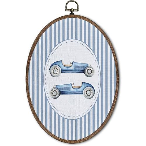 FLAWAFLOMA Vintage Car Nursery Oval Wall Art Decor, Kids Room Canvas Wall Art Framed, Retro Car Hanging Decorations for Kids Toddler Boy Girl Nursery Room Bedroom Decor, 8.6x11.4 Inch