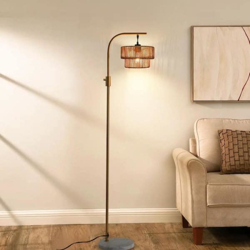 63 in. Boho Rattan 1-Light Dimmable Arc Floor Lamp for Living Room with 1 Bulb Included