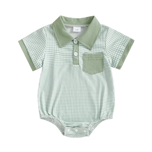 Demdzq Newborn Baby Boy Summer Clothes Short Sleeve Lapel Button Romper Up Loose Fit Plaid Jumpsuit Infant Baby Boy Outfit