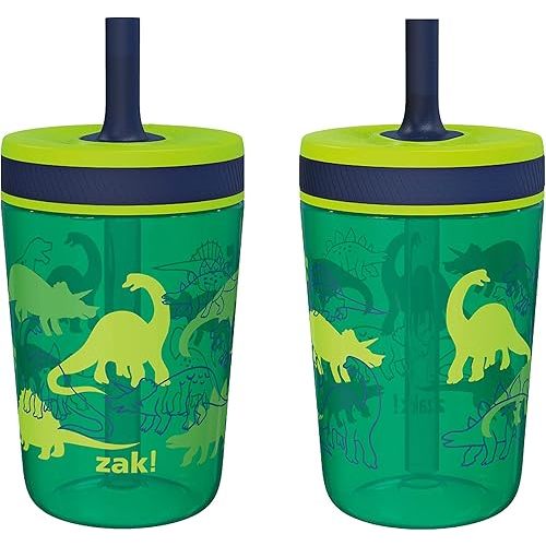 Zak Designs Kelso 15 oz Tumbler Set, (Dino Camo) Leak-Proof Screw-On Lid with Straw Made of Durable Plastic and Silicone, Perfect Cup Bundle for Kids (2pc Set)
