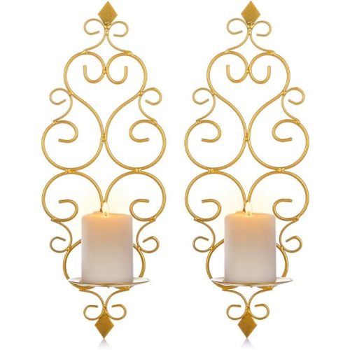 Sziqiqi Iron Wall Candle Sconce Holder Set of 2 Hanging Wall Mounted Pillar Candle Sconces Holder, Wall Sconces Decor for Bedroom Dining Room, Gold