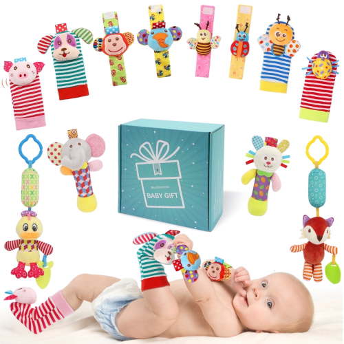 Wrist Rattles Foot Finder Rattle Sock Baby Toy, Hanging Rattle Toy, Hand Bracelet Rattle, Feet Leg Ankle Socks, Activity Rattle Present Gift for Newborn Infant Babies Boy Girl (12 pcs-A)