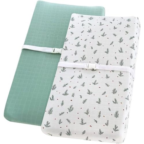 LifeTree 2 Pack Changing Pad Cover Unisex - Soft Muslin Fitted Changing Table Sheets - 16"x32" Organic Cotton - Pine Needles and Roman Green