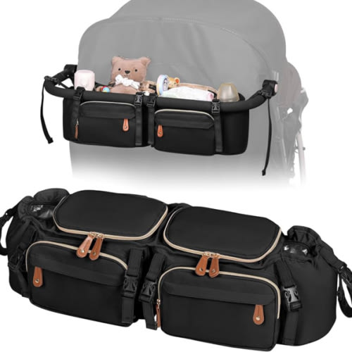 Double Stroller Organizer for Bob Duallie and Baby Jogger City Mini GT2, Double Stroller Caddy Organizers with Cup Holder and 2 Cooler Pockets Parent Console Double Stroller Accessories