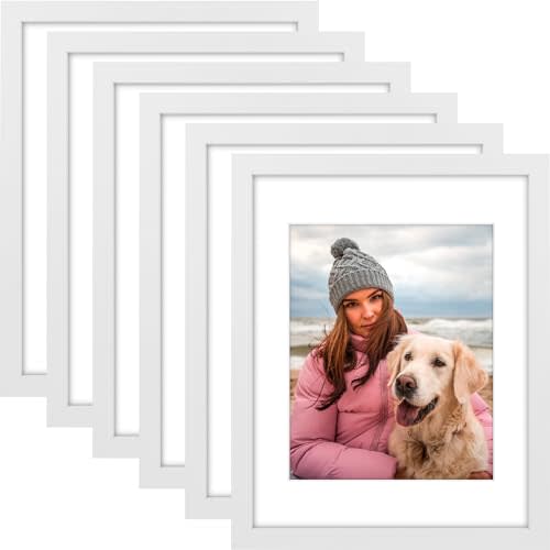 AUEAR, 11x14 Picture Frames Set of 6, with Mat for 8x10 or 11x14 without Mat, Composite Wood Gallery Photo Frames with Plexiglass, Wall Mounting (White)