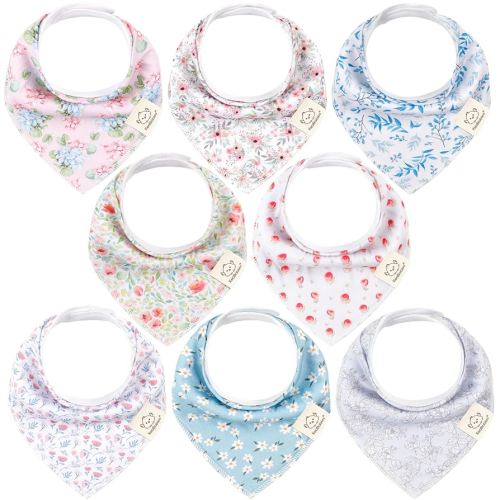 8-Pack Organic Baby Bandana Bibs for Girls - Super Absorbent Triangle Baby Bibs for Drooling and Teething Infant, 100% Cotton Extra Soft for Newborn, Infant 0-36 Months (Flourish)