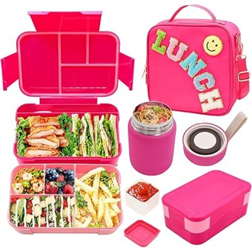 Bento Lunch Box Set for Kids with 10oz Thermo Food Jar, Leak-Proof Lunch Containers with 6 Compartment, Nylon Preppy Lunch Bag with Adjustable Strap for Girls School Travel Picnic