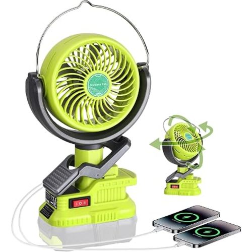 Clip Fan Compatible with Ryobi 18V ONE+ Battery (Tool Only) Cordless Portable Clip-On Fan with Dual USB Charging Ports & Adjustable Angle for Camping Jobsite Tent Travel Fishing Outdoor