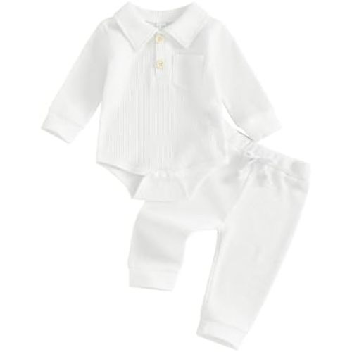 Newborn Baby Boy Clothes Solid Waffle Knit Long Sleeve Button Up Collared Romper Long Pants Set Fall Winter Outfits