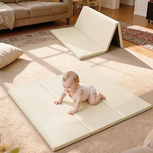 Foam Baby Play Mat: PU Leather Waterproof Kids Playmat - Trifold Floor Mat - Large Play Mat for Playpen Thick Pad Fodable Mattress Soft Toddler Mattress Infant Cushion for Preschool (Beige)