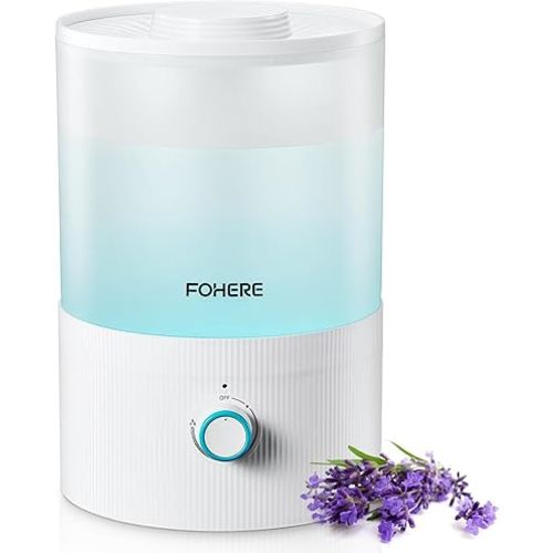 FOHERE Humidifier for Bedroom Baby, 3.2L Top Fill Cool Mist Humidifiers for Nursery, Home, 28H Ultra Quiet Runtime, Auto Shut-Off, Soft 7-Color Night Light, BPA-Free, Essential Oil Tray, White