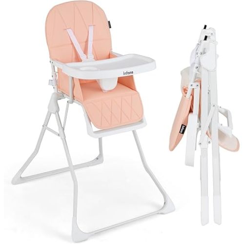 INFANS Baby High Chair, Quick Folding Portable Highchair for Babies and Toddlers with Adjustable Footrest Removable Dishwasher Tray PU Seat, Compact Highchairs for Baby Age 6-36 Months (Pink)