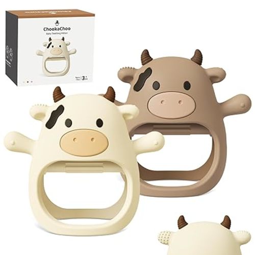 ChooKaChoo 2 Pack Baby Teething Toy for Over 3 Months, Food Grade Silicone Teething Mitten, Anti Dropping Wrist Hand Teethers Baby Chew Toys for Sucking Needs, BPA Free (MooMoo Cow)