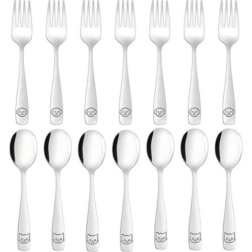 Stainless Steel Toddler Utensils Set - 14 Pcs Kids Silverware, Safe Food Grade, Mirror Polished, Dishwasher Safe, Perfect for Little Hands, Trendy & Durable.