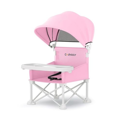 4-in-1 Portable Baby Chair, Foldable Toddler Booster Seat with Removable Tray, Canopy & Safety Harness, Pink